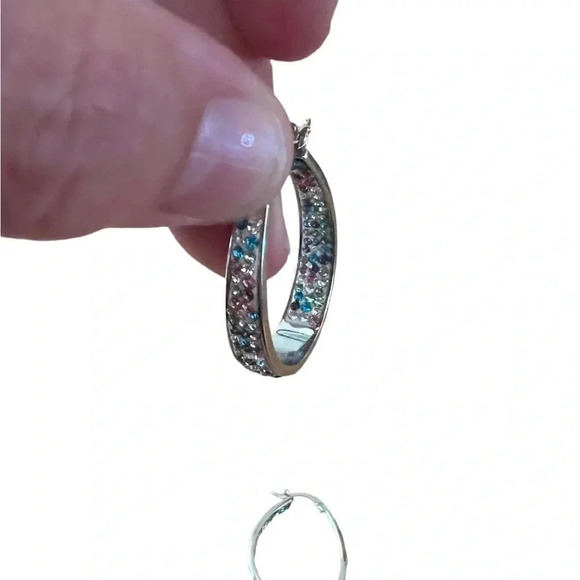 Costume Jewelry Hoop Earrings Silver Color w/Multicolored Pastel Jems - Picture 2 of 3